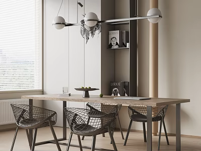 Modern Dining Table Set with Woven Chairs and Hanging Pendant Lights in Light Wood Interior 3d model