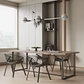 Modern Dining Table Set with Woven Chairs and Hanging Pendant Lights in Light Wood Interior