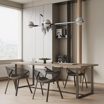 Modern Dining Table Set with Woven Chairs and Hanging Pendant Lights in Light Wood Interior 3d model