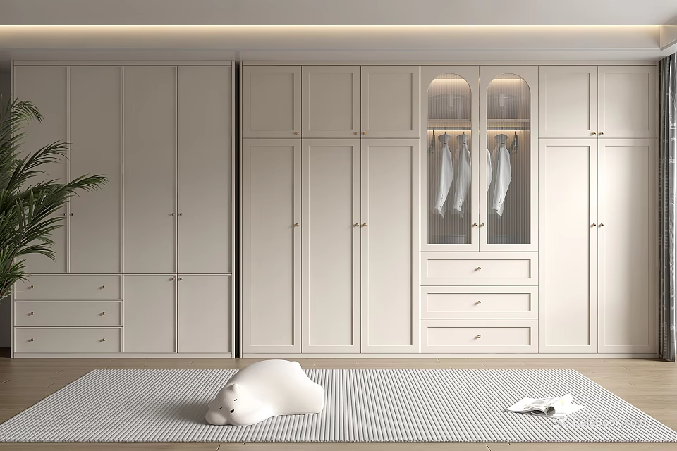 Modern White Wardrobe Interior Design With Glass Doors Drawers And Hanging Clothes 3d model 