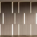 Modern Accent Wall Design With Wooden Panels Vertical Lighting And Marble Strips