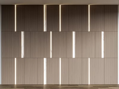 Modern Accent Wall Design With Wooden Panels Vertical Lighting And Marble Strips 3d model