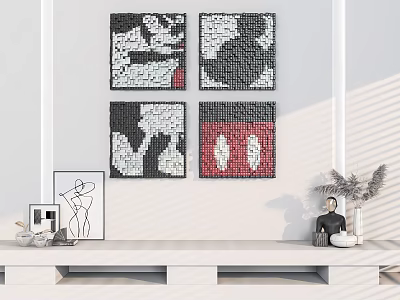Lego Mickey Mouse Art Prints On White Wall With Decorative Shelf And Ornaments 3d model