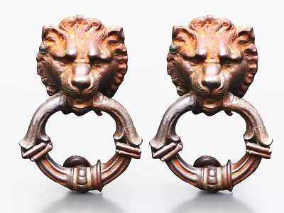 Pair of Vintage Lion Head Door Handles with Rustic Brass Finish and Classic Design 3d model