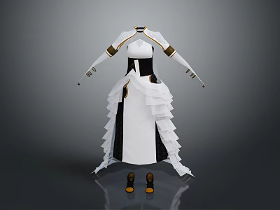 Elegant White Black Dress With Layered Ruffled Skirt Gold Accent Sleeves And Matching Shoes 3d model