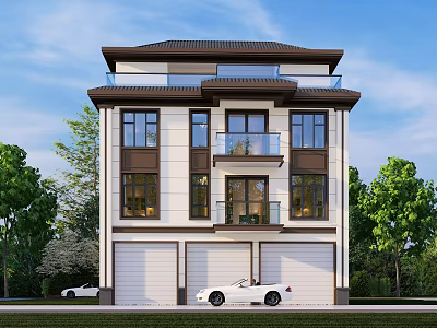 Modern Three Story Detached Villa with Double Garage Balcony and Green Trees in Blue Sky 3d model