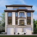 Modern Three Story Detached Villa with Double Garage Balcony and Green Trees in Blue Sky