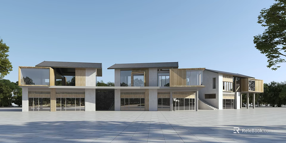 Modern Guesthouse Building Design With Large Glass Windows Wood Stone Facade And Spacious Courtyard 3d model 