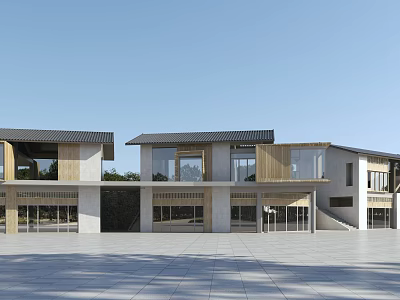 Modern Guesthouse Building Design With Large Glass Windows Wood Stone Facade And Spacious Courtyard 3d model