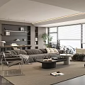 Modern Living Room Interior Design With Gray Sofa Coffee Table Bookshelf Large Windows Blinds Plant