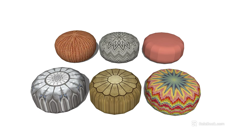 Decorative Round Poufs With Various Patterns And Colorful Designs For Home 3d model