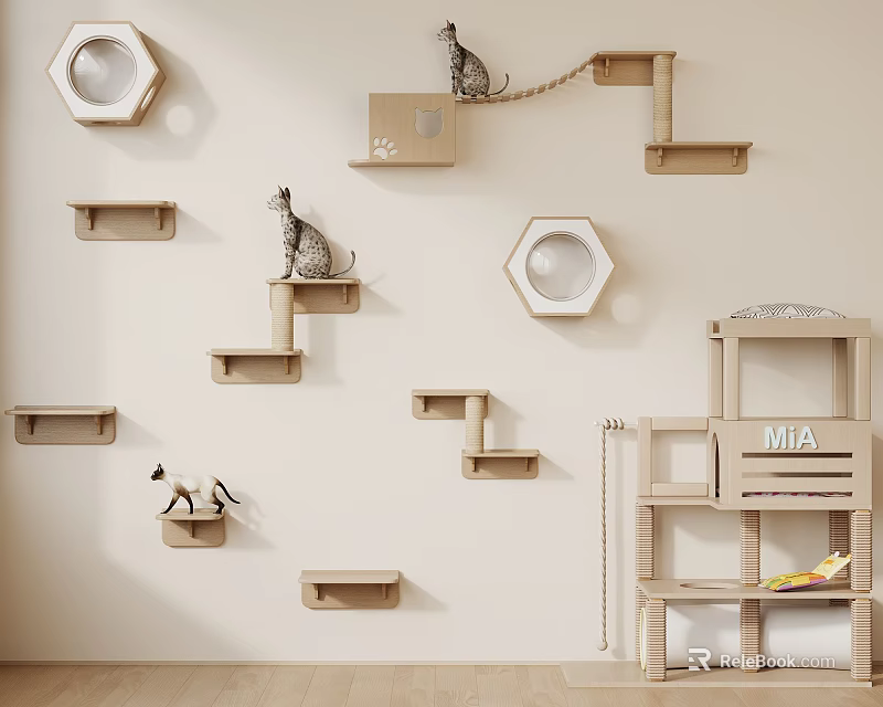 Wooden Cat Wall Furniture With Climbing Platforms Hexagonal Nests And Perches 3d model 