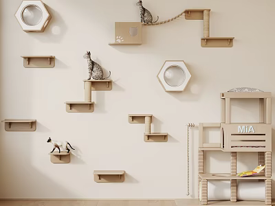 Wooden Cat Wall Furniture With Climbing Platforms Hexagonal Nests And Perches 3d model