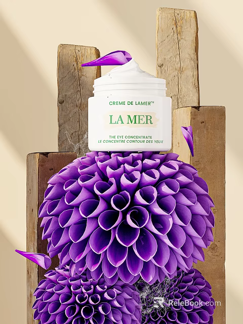E-commerce display booth with La Mer Creme and purple decorative flower on wooden background 3d model 