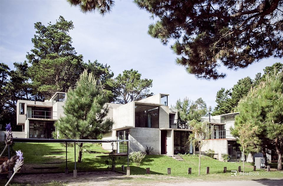 Modern Detached Villa With Concrete Exterior Large Windows And Tree Surroundings 3d model 