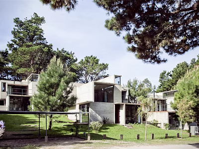 Modern Detached Villa With Concrete Exterior Large Windows And Tree Surroundings 3d model