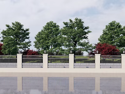 White Building Exterior Wall With Metal Railings And Green Red Trees Reflections 3d model