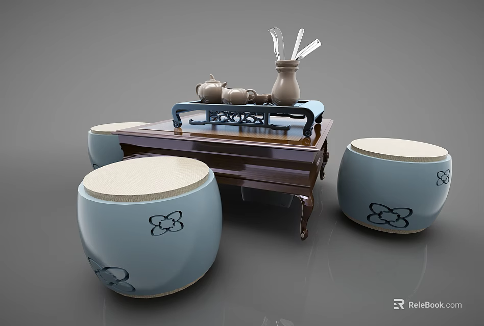 Wooden Tea Table With Light Blue Drum Shaped Stools And Tea Set Decor 3d model