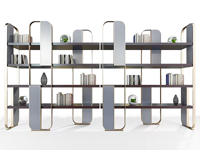 Modern Bookcase With Metal Frame Layered Shelves Books Decorative Items And Green Plants 3d model