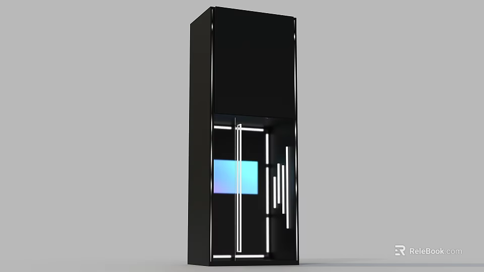 Sleek Black Vertical Cabinet With Blue Purple Gradient Display And White Line Decor 3d model 
