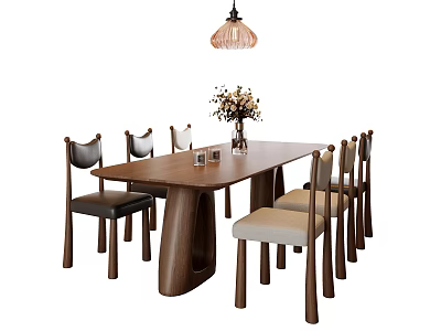 Modern Wooden Dining Table Set with Mixed Design Chairs and Flower Vase Under Pendant Light 3d model
