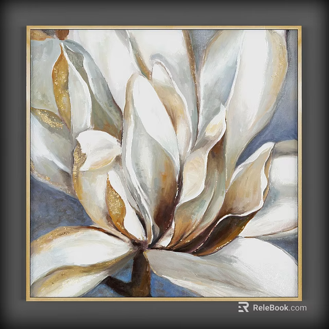 Botanical Painting Of Blooming White And Golden Flower With Leaves And Blue Background 3d model 