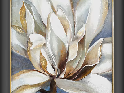 Botanical Painting Of Blooming White And Golden Flower With Leaves And Blue Background 3d model