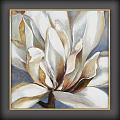 Botanical Painting Of Blooming White And Golden Flower With Leaves And Blue Background