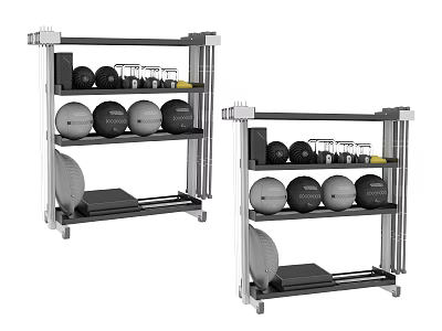 Sports Equipment Organized on Storage Racks with Dumbbells Medicine Balls Yoga Wheels 3d model