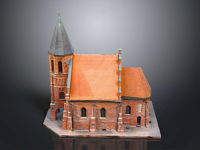 Whimsical Cartoon Scene With Red Brick Building Pointed Tower And Orange Roof 3d model