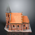 Whimsical Cartoon Scene With Red Brick Building Pointed Tower And Orange Roof