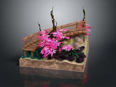 Cute Cartoon Miniature Scene With Wooden Bridge Pink Flowers Green Plants And Rocks 3d model