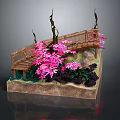 Cute Cartoon Miniature Scene With Wooden Bridge Pink Flowers Green Plants And Rocks