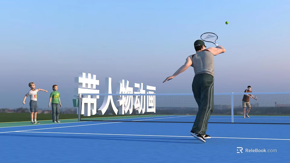 Multiple People Playing Tennis On Blue Court With Net And Ball Action 3d model 
