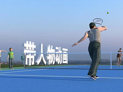 Multiple People Playing Tennis On Blue Court With Net And Ball Action 3d model