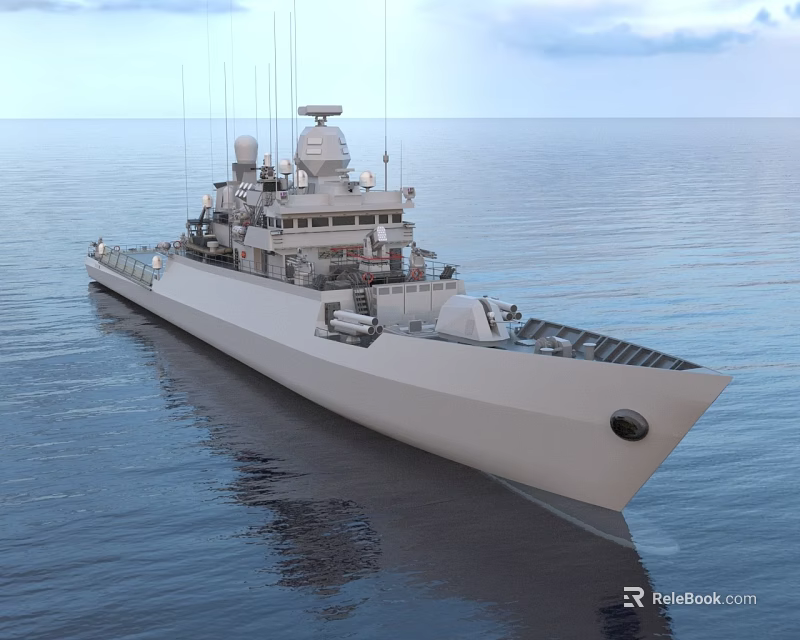 Modern Warship On Open Sea With Radar Antennas Upper Deck Structures And Calm Water Reflections 3d model 