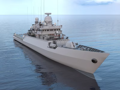 Modern Warship On Open Sea With Radar Antennas Upper Deck Structures And Calm Water Reflections 3d model