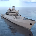 Modern Warship On Open Sea With Radar Antennas Upper Deck Structures And Calm Water Reflections
