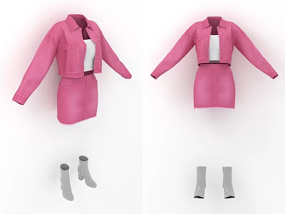 Pink Jacket And Skirt Outfit With White Top And Gray Knee High Boots 3d model