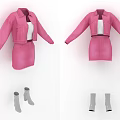 Pink Jacket And Skirt Outfit With White Top And Gray Knee High Boots