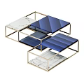 Modern Coffee Table With Golden Metal Frame Blue Surface And Marble Texture