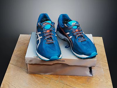 Blue Running Shoes With Multi Colored Laces And Supportive Sole On Brand Box 3d model