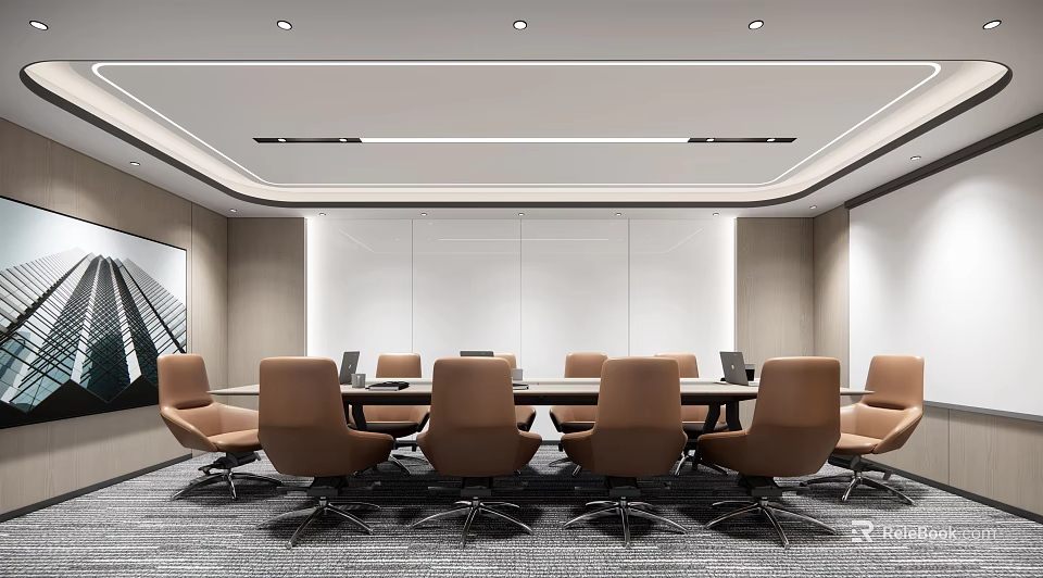 Modern Conference Room Interior Design With Long Table Brown Chairs Laptops And Lighting 3d model 