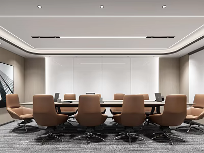 Modern Conference Room Interior Design With Long Table Brown Chairs Laptops And Lighting 3d model