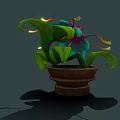 Vibrant Plant with Pink Layered Petals Green Leaves Water Droplets Glowing Yellow Lines in Pot