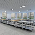 Commercial Kitchen Interior With Stainless Steel Worktables Tile Flooring Ceiling Lights And Windows 3d model