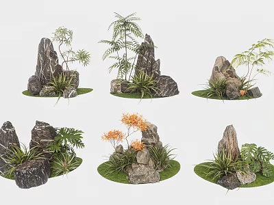 Decorative Rockery Stones With Ferns Small Trees And Orange Flowers 3d model
