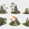 Decorative Rockery Stones With Ferns Small Trees And Orange Flowers