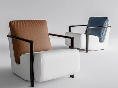 Modern Single Sofa Design With Brown Blue Upholstered Back White Seat And Black Metal Armrests 3d model