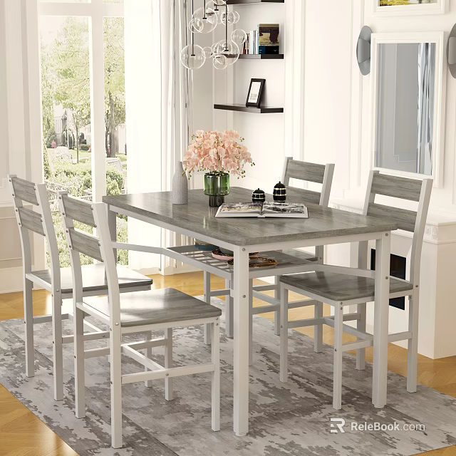 Elegant Modern Dining Room With White Table Chairs Pink Flowers And Natural Light 3d model 